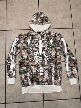 Rebel Skeleton Camo Hoodie Men’s Medium Y2K Gothic Streetwear Hunting Skull